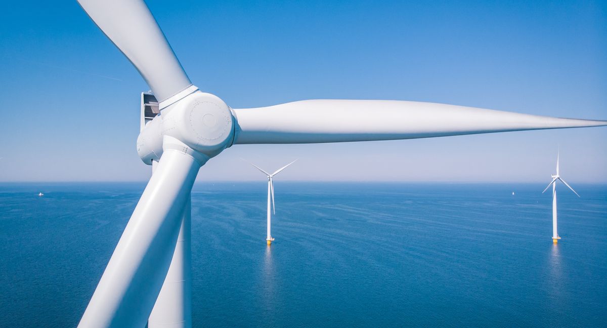 An aerial view of an offshore wind turbine near the Netherlands.
