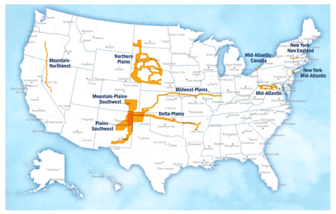 This map shows the location of transmission development corridors proposed by the U.S. Department of Energy.