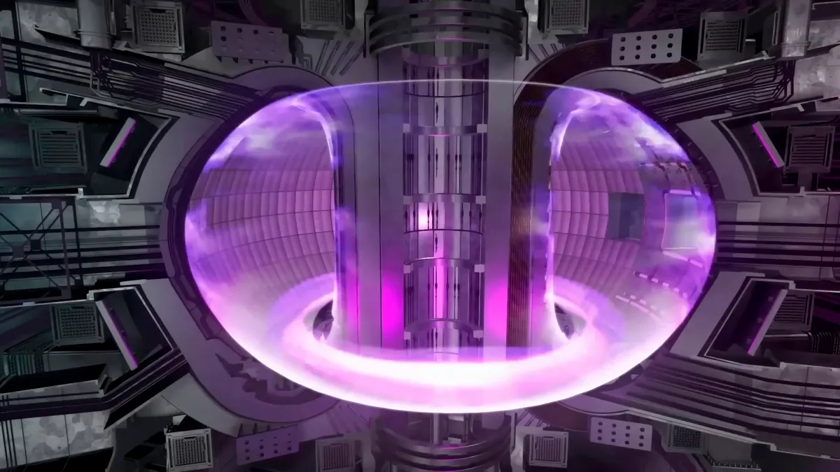 Close-up of a tokamak fusion power reactor, generating fusion power